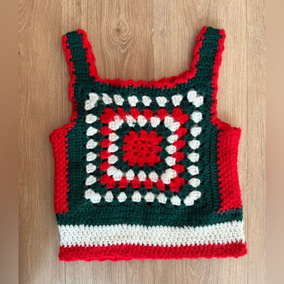 Vintage Hand Knit Crochet Sweater Vest Red & Green XS - Picture 5 of 6